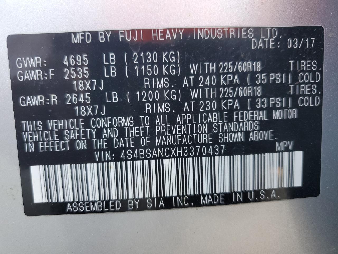 2017 Subaru Outback 2.5I Limited VIN: 4S4BSANCXH3370437 Lot: 85100985