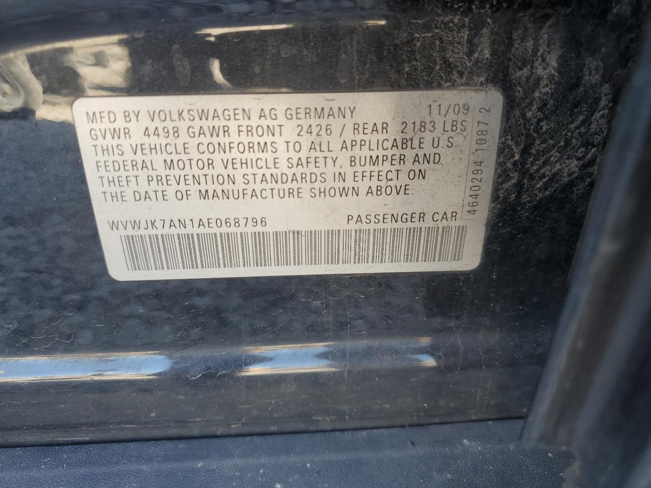 2010 Volkswagen Passat Komfort VIN: WVWJK7AN1AE068796 Lot: 82408025