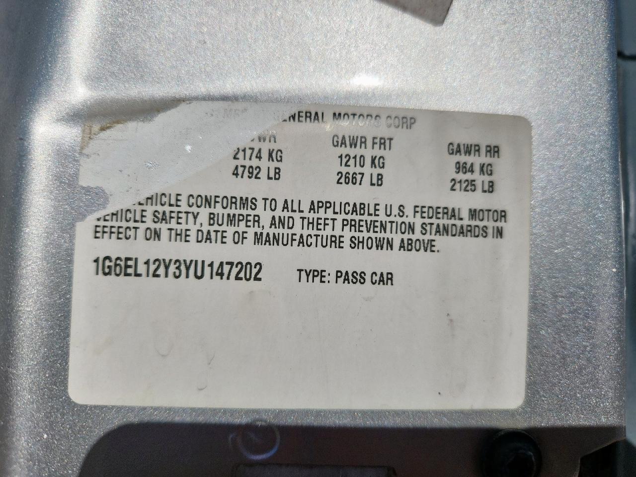 2000 Cadillac Eldorado Esc VIN: 1G6EL12Y3YU147202 Lot: 90368555