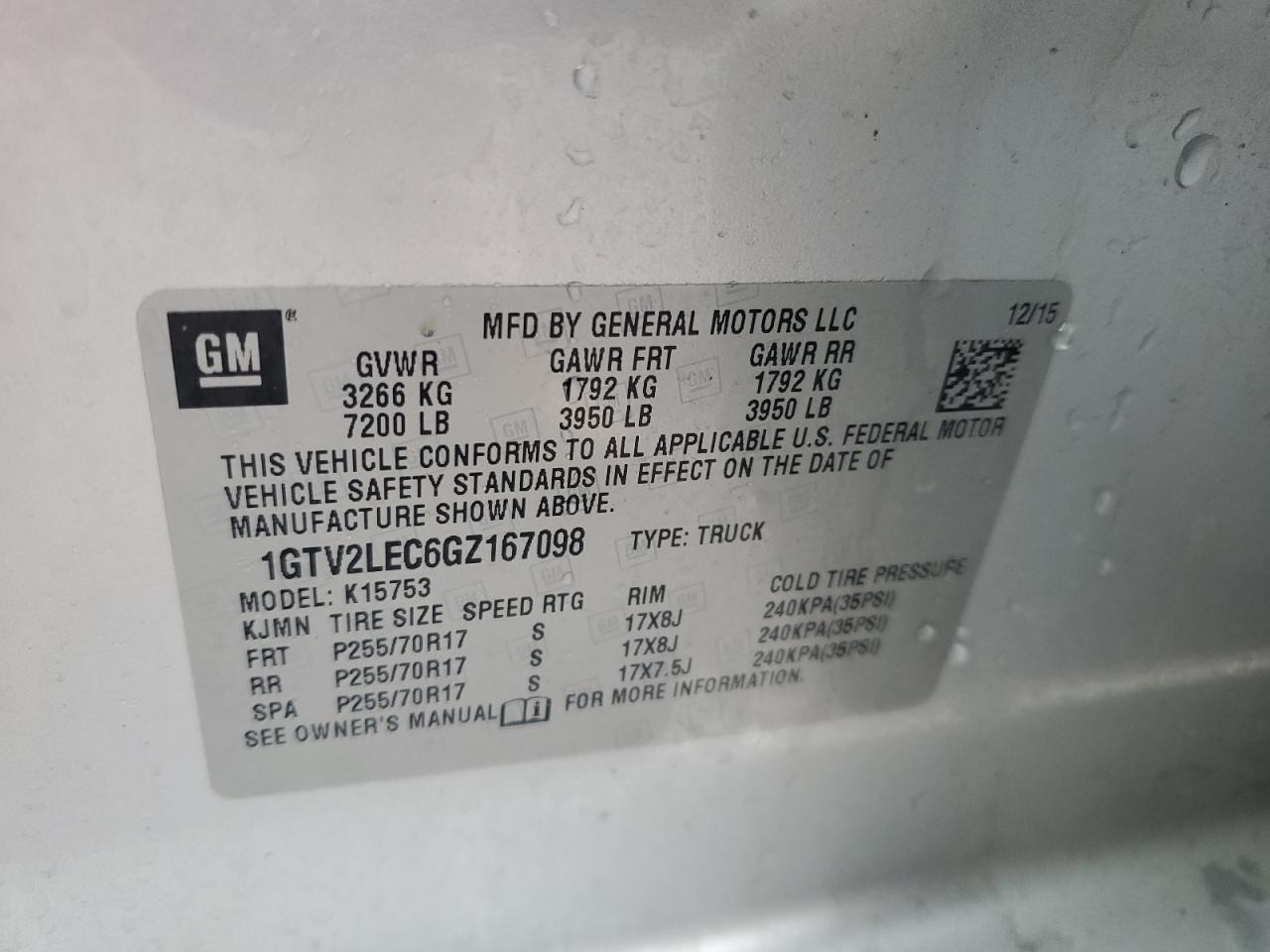 2016 GMC Sierra K1500 VIN: 1GTV2LEC6GZ167098 Lot: 90492845