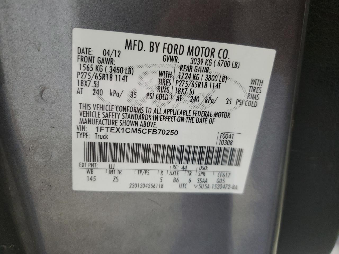 2012 Ford F150 Super Cab VIN: 1FTEX1CM5CFB70250 Lot: 87444885