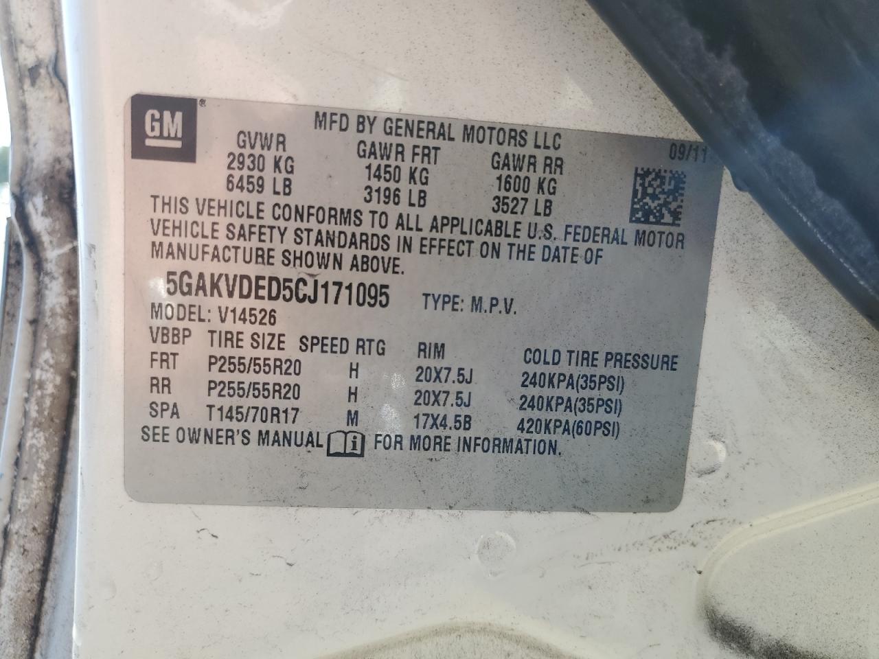 2012 Buick Enclave VIN: 5GAKVDED5CJ171095 Lot: 86854645