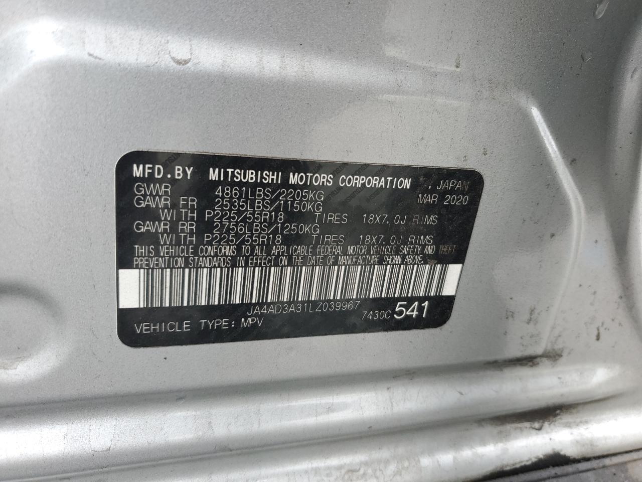 2020 Mitsubishi Outlander Se VIN: JA4AD3A31LZ039967 Lot: 82301135