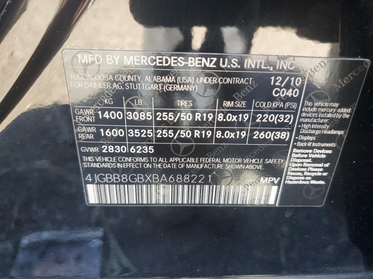 2011 Mercedes-Benz Ml 350 4Matic VIN: 4JGBB8GBXBA688221 Lot: 85944865