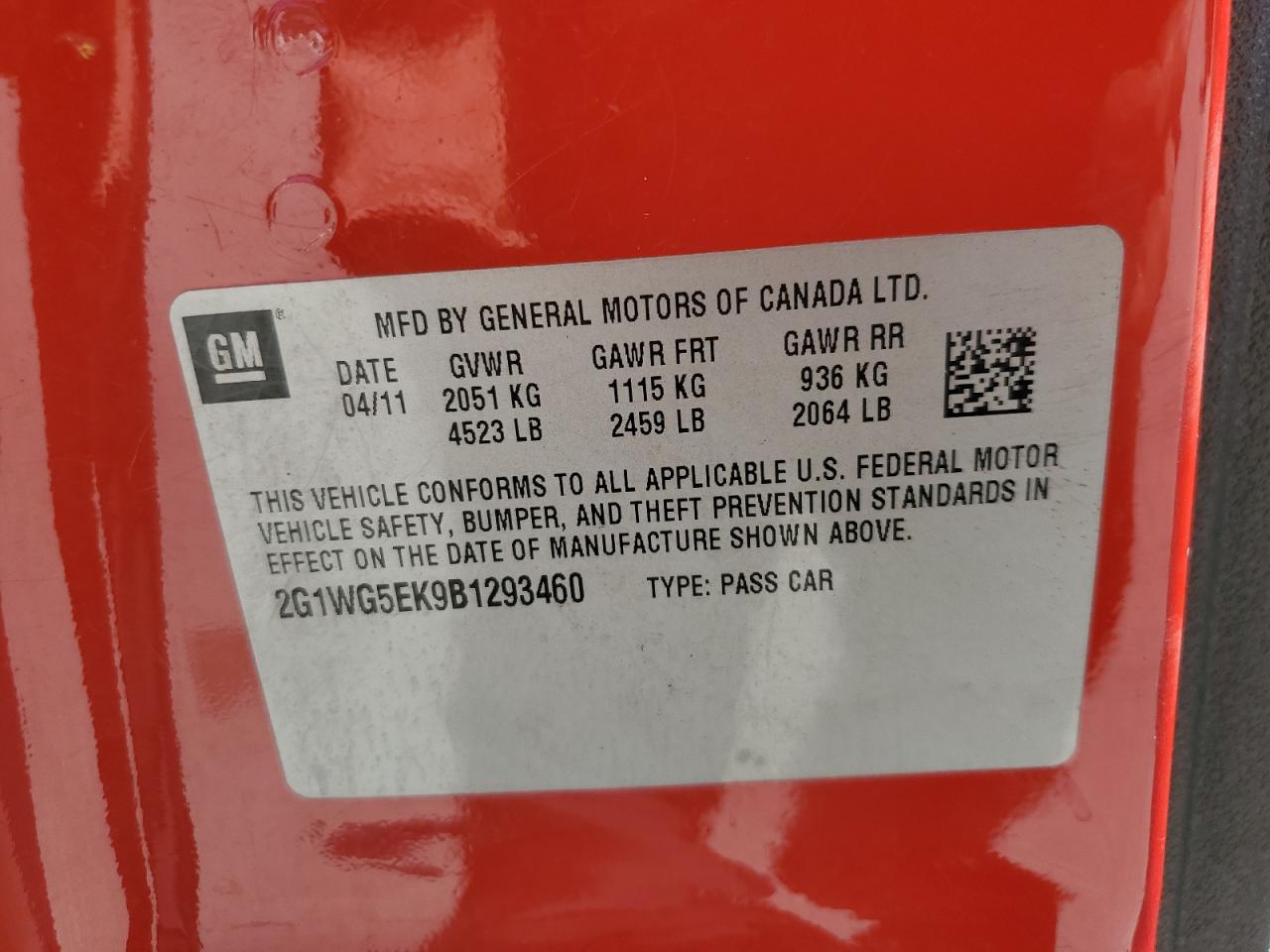 2011 Chevrolet Impala Lt VIN: 2G1WG5EK9B1293460 Lot: 85203225