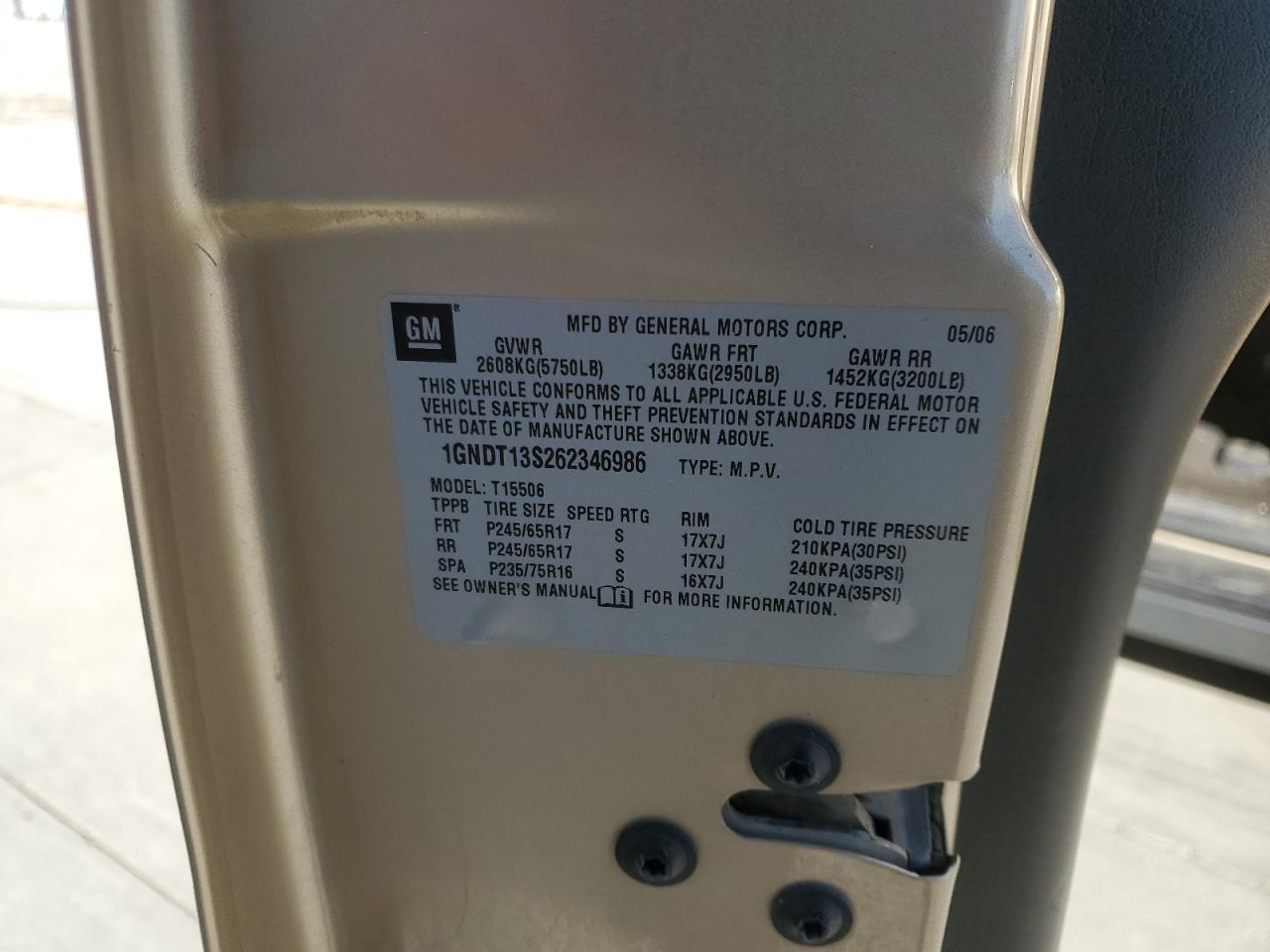 2006 Chevrolet Trailblazer Ls VIN: 1GNDT13S262346986 Lot: 90240495