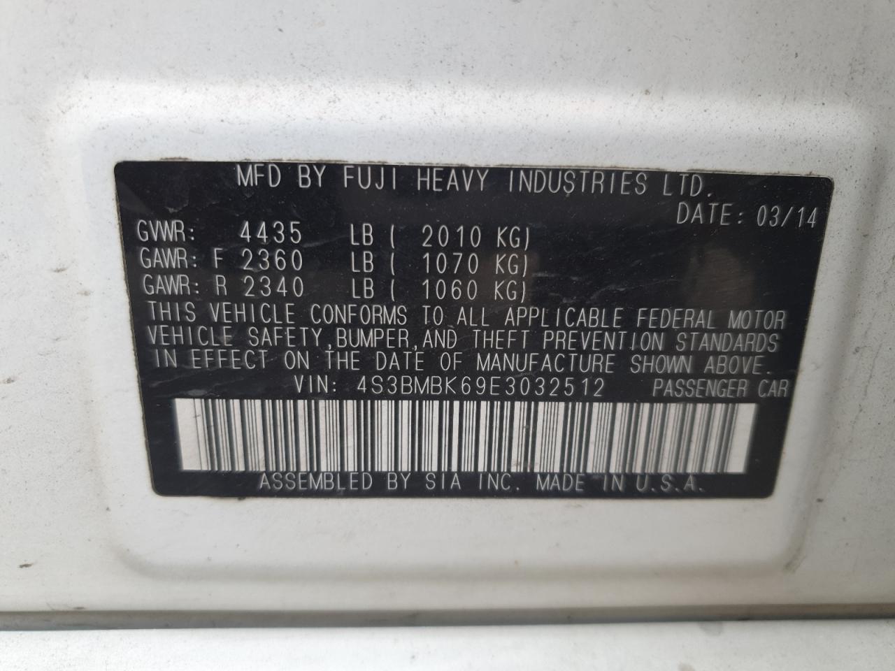 2014 Subaru Legacy 2.5I Limited VIN: 4S3BMBK69E3032512 Lot: 86262835