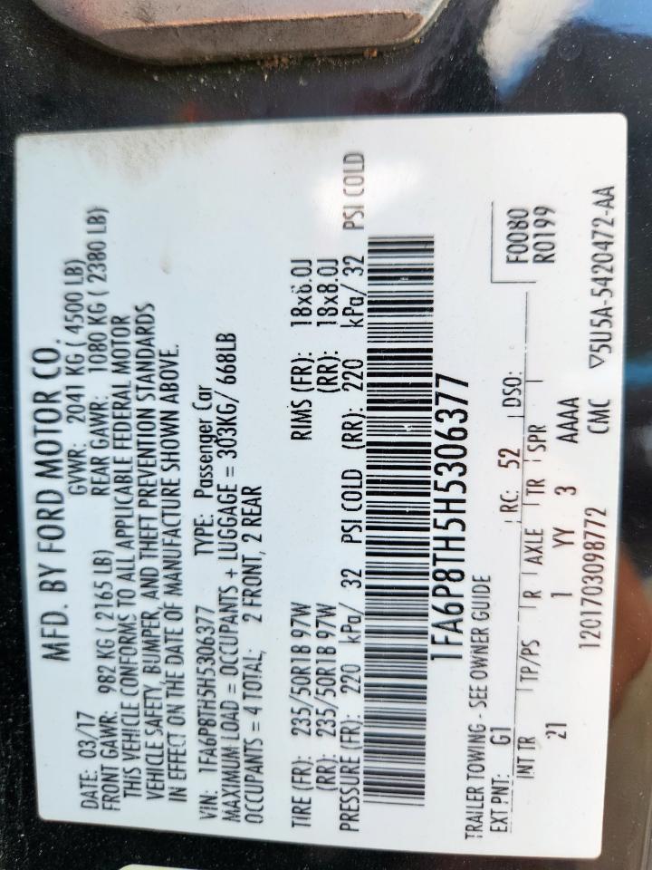 2017 Ford Mustang VIN: 1FA6P8TH5H5306377 Lot: 85538335