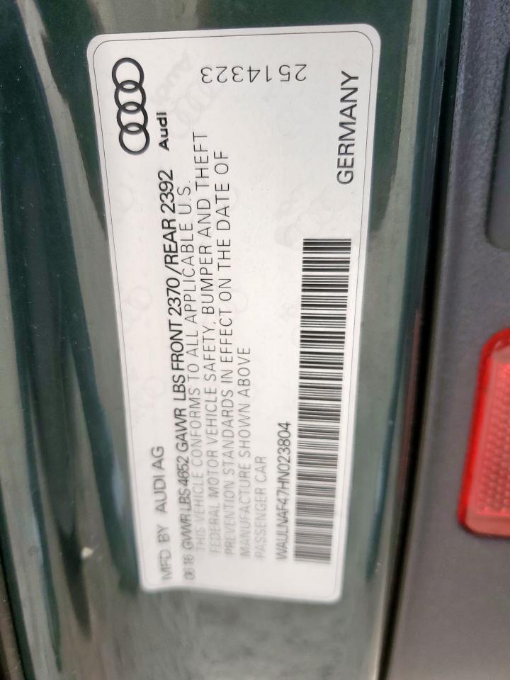 2017 Audi A4 Premium Plus VIN: WAULNAF47HN023804 Lot: 85957205