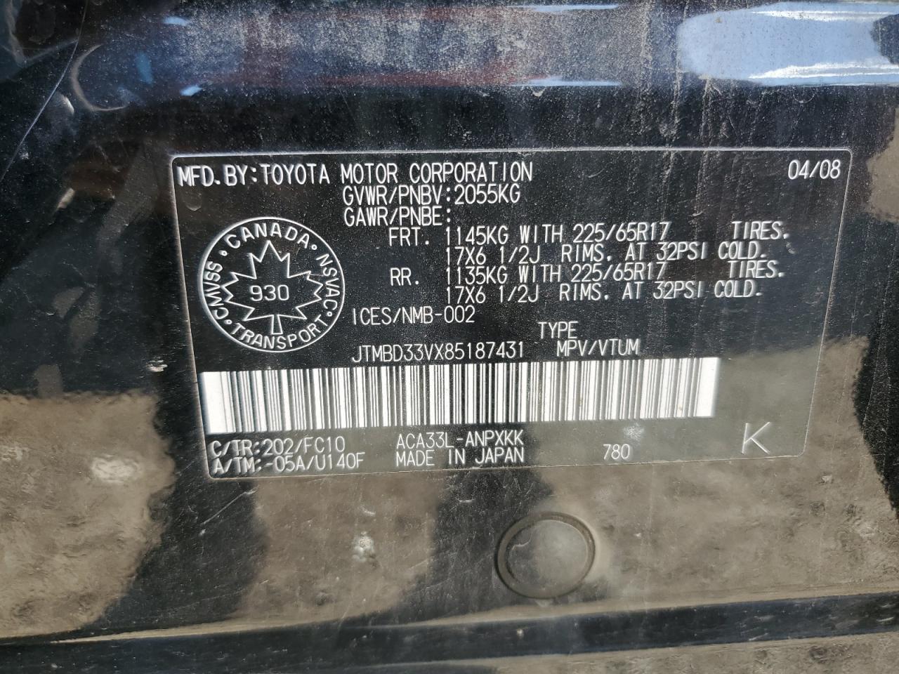 2008 Toyota Rav4 VIN: JTMBD33VX85187431 Lot: 82281025