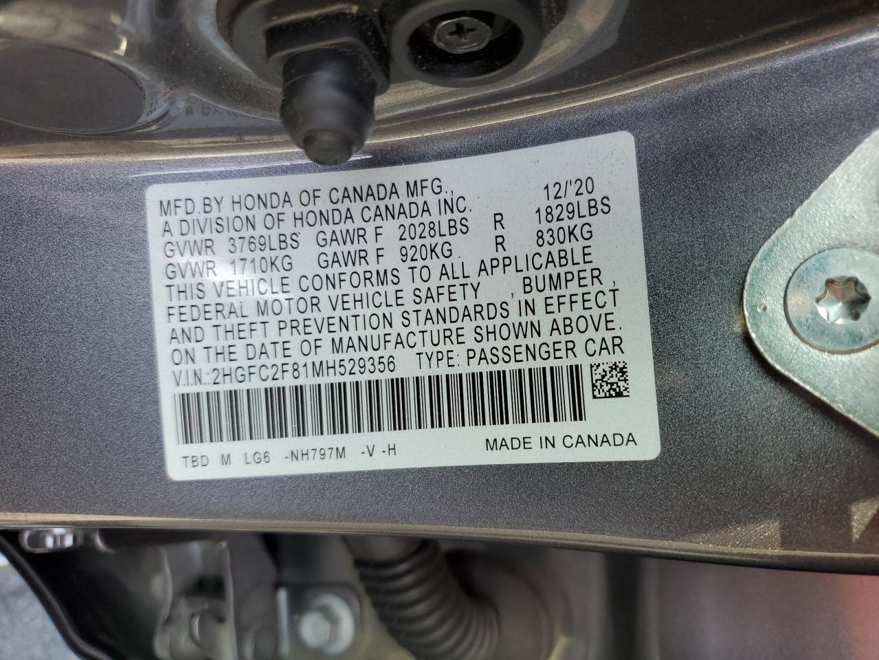 2021 Honda Civic Sport VIN: 2HGFC2F81MH529356 Lot: 84475675