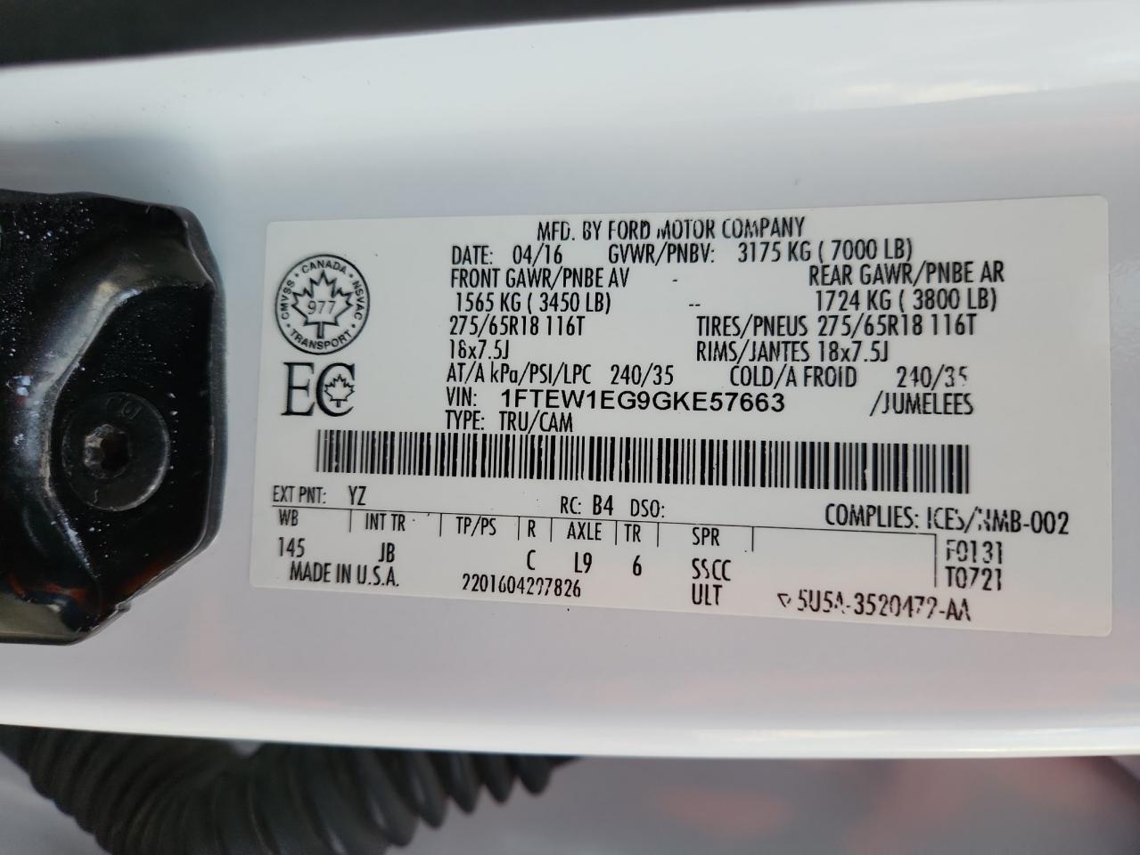 2016 Ford F150 Supercrew VIN: 1FTEW1EG9GKE57663 Lot: 87485635