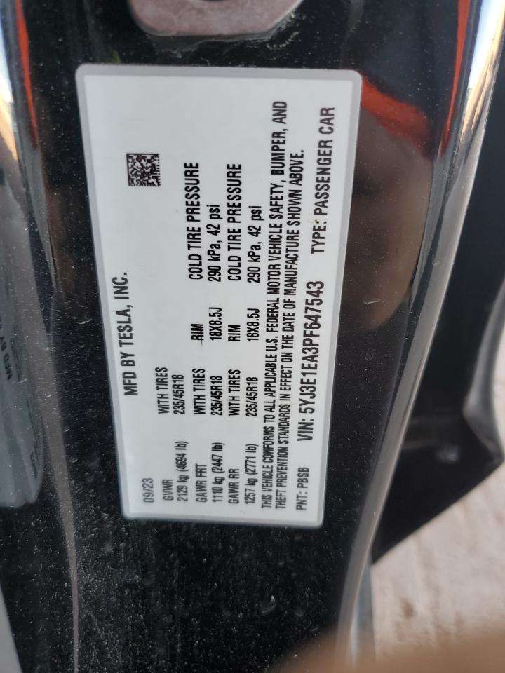 2023 Tesla Model 3 VIN: 5YJ3E1EA3PF647543 Lot: 89501005