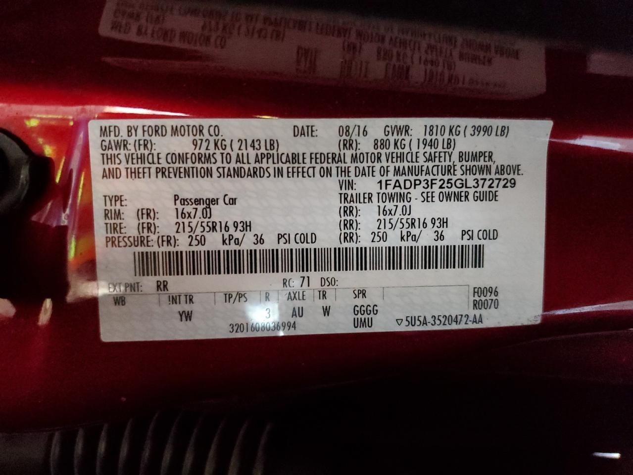 2016 Ford Focus Se VIN: 1FADP3F25GL372729 Lot: 82215115