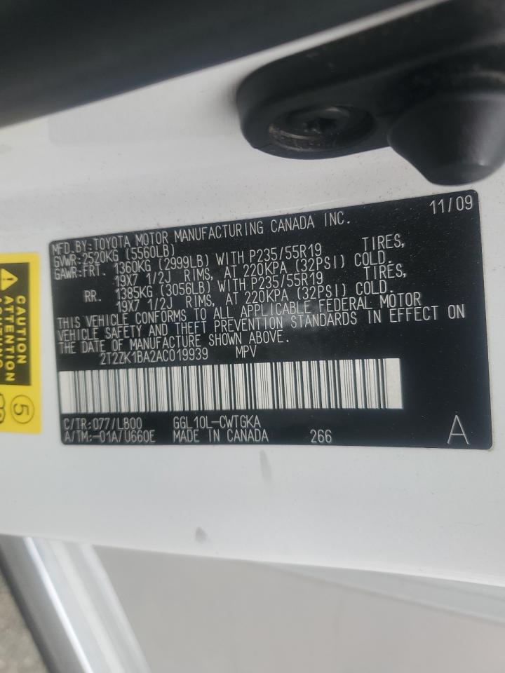 2010 Lexus Rx 350 VIN: 2T2ZK1BA2AC019939 Lot: 82311015