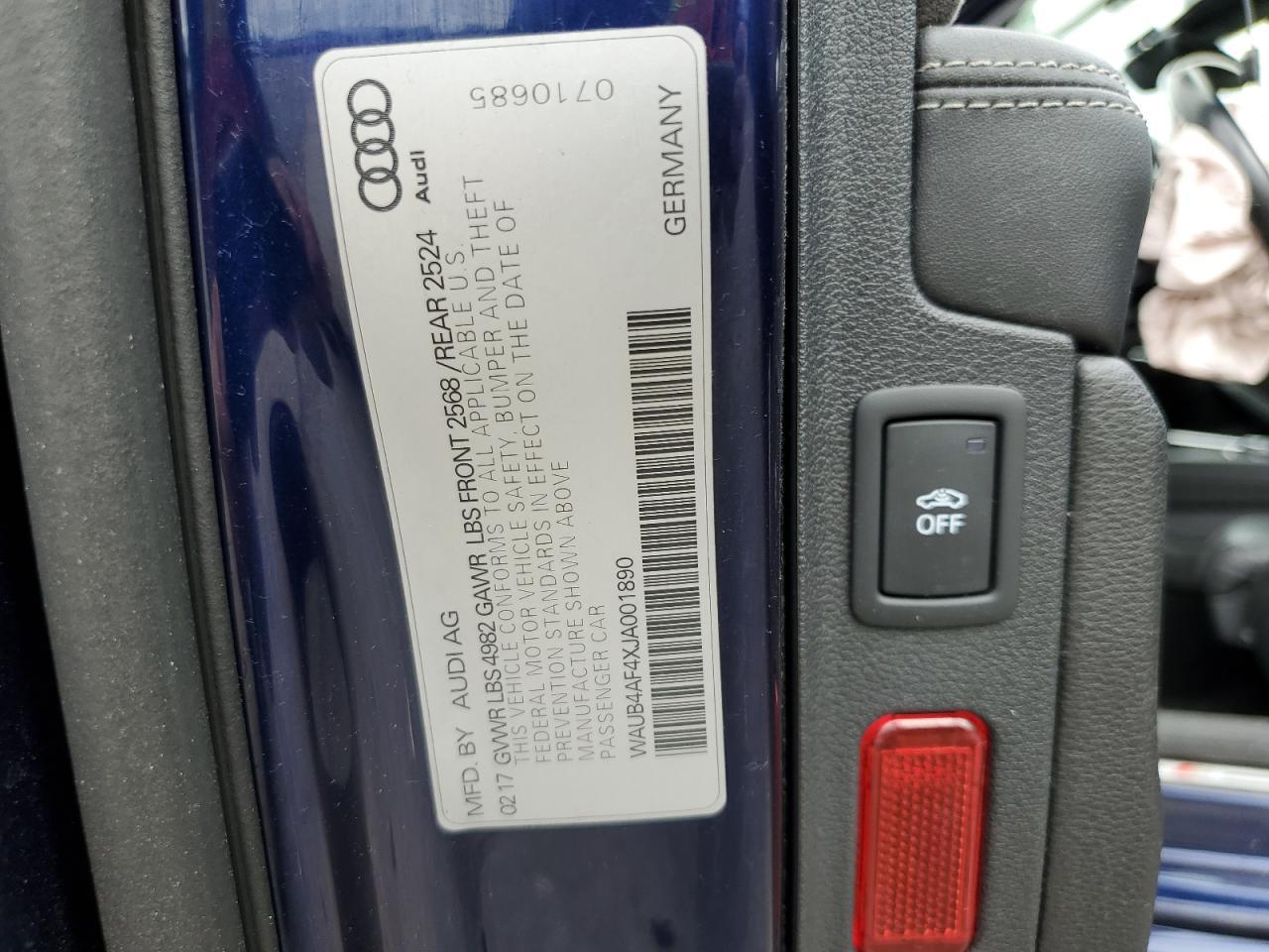 2018 Audi S4 Premium Plus VIN: WAUB4AF4XJA001890 Lot: 86649805