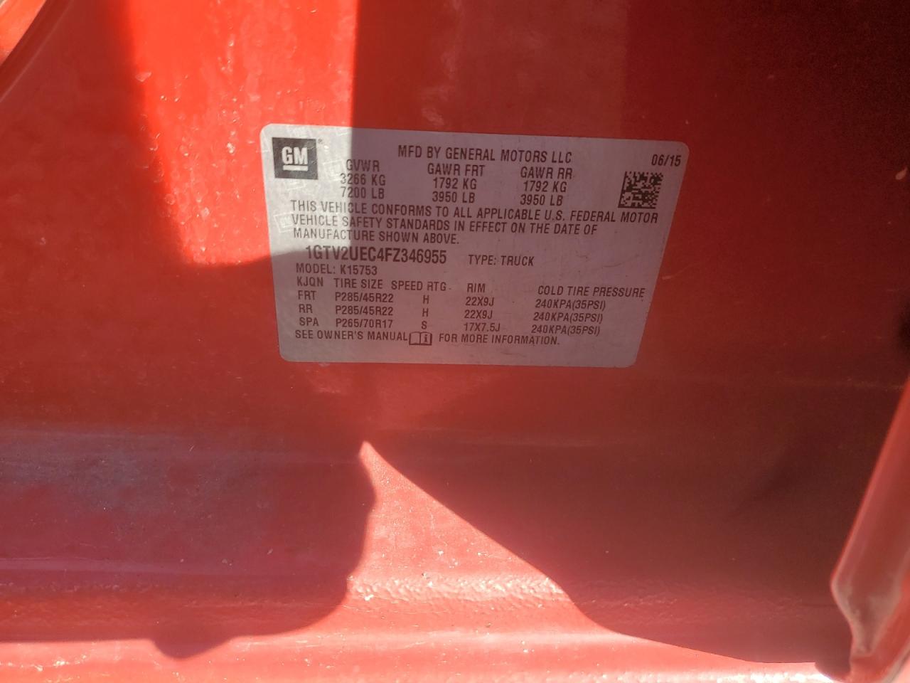 2015 GMC Sierra K1500 Sle VIN: 1GTV2UEC4FZ346955 Lot: 85335685