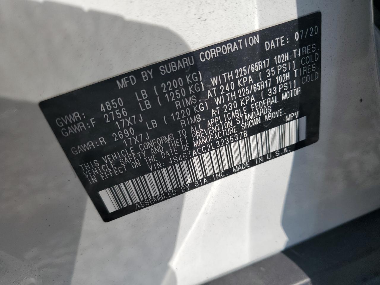 2020 Subaru Outback Premium VIN: 4S4BTACC2L3235378 Lot: 82398395