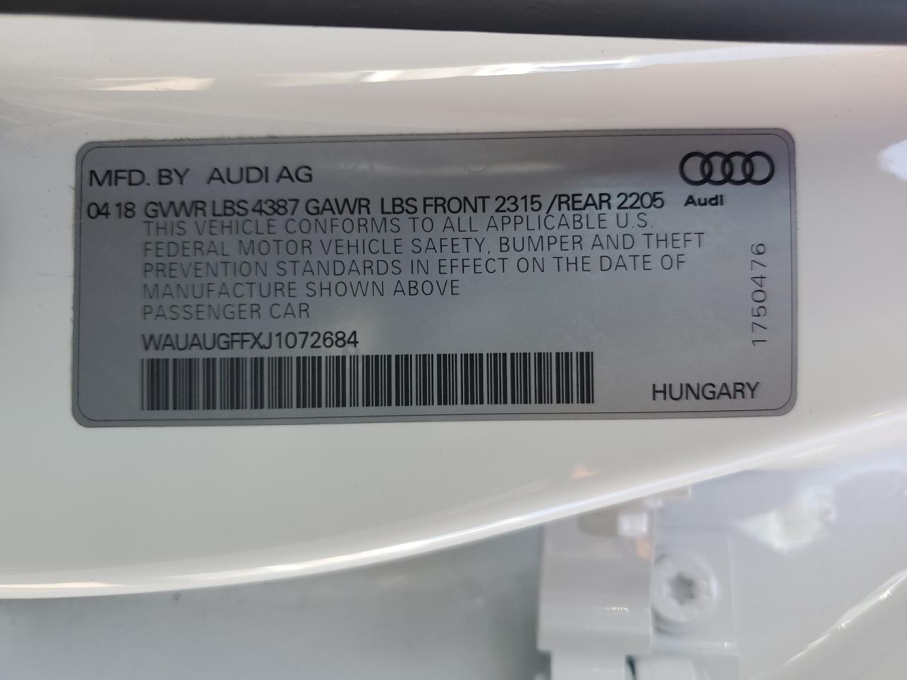 2018 Audi A3 Premium VIN: WAUAUGFFXJ1072684 Lot: 81902135