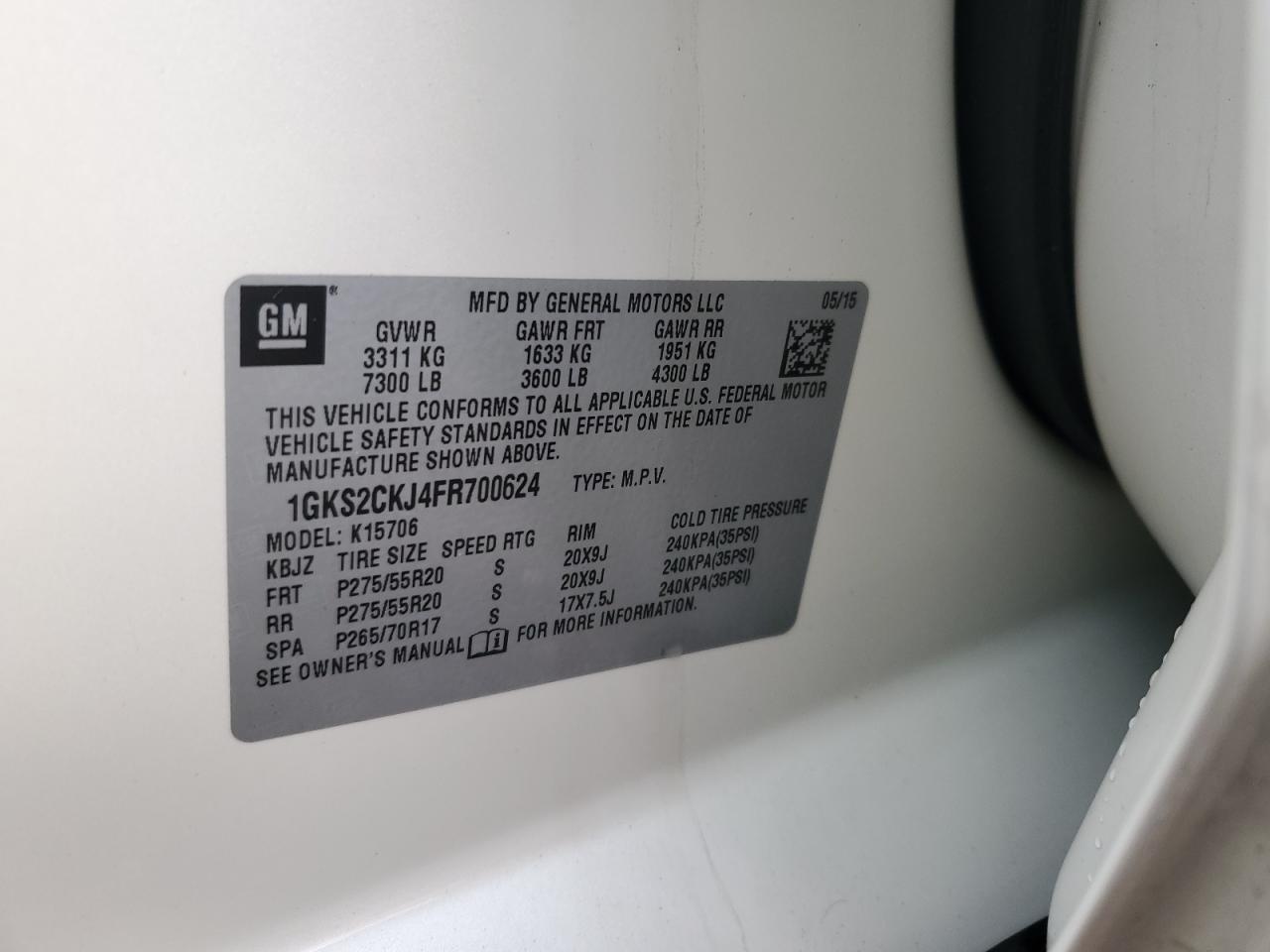 2015 GMC Yukon Denali VIN: 1GKS2CKJ4FR700624 Lot: 82309795