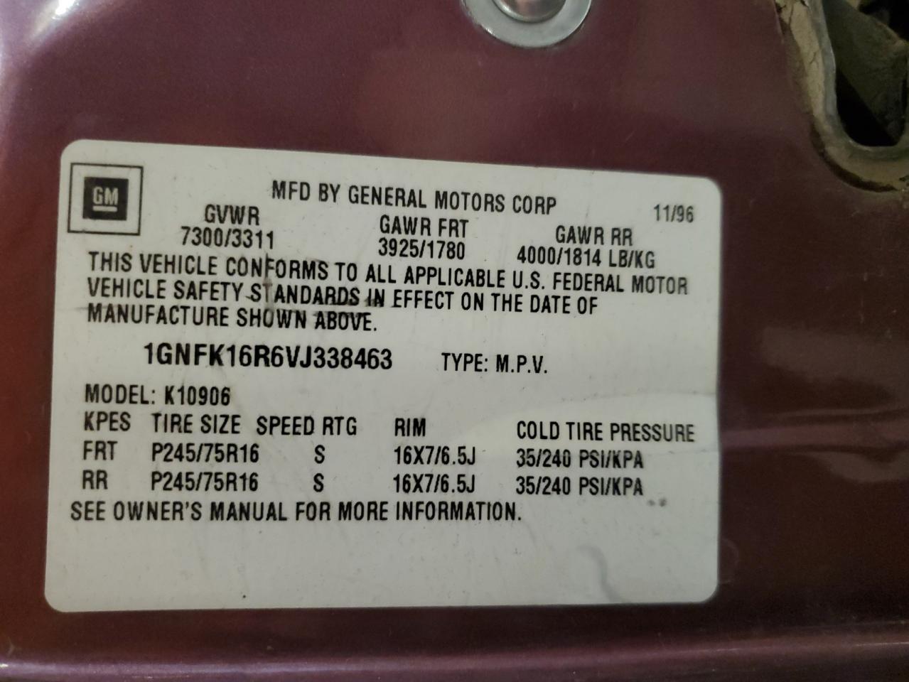 1997 Chevrolet Suburban K1500 VIN: 1GNFK16R6VJ338463 Lot: 89440585