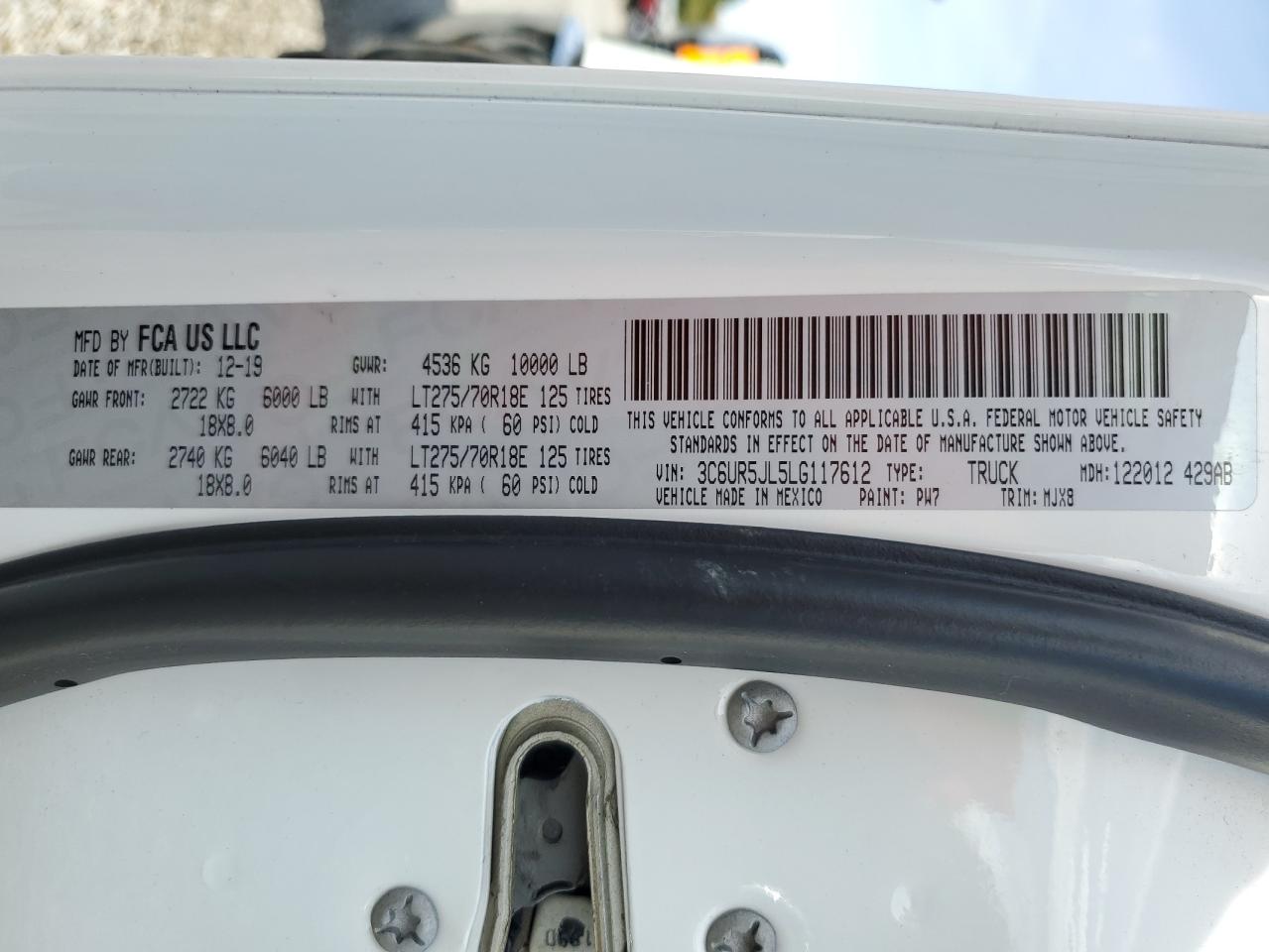 2020 Ram 2500 Big Horn VIN: 3C6UR5JL5LG117612 Lot: 81990655