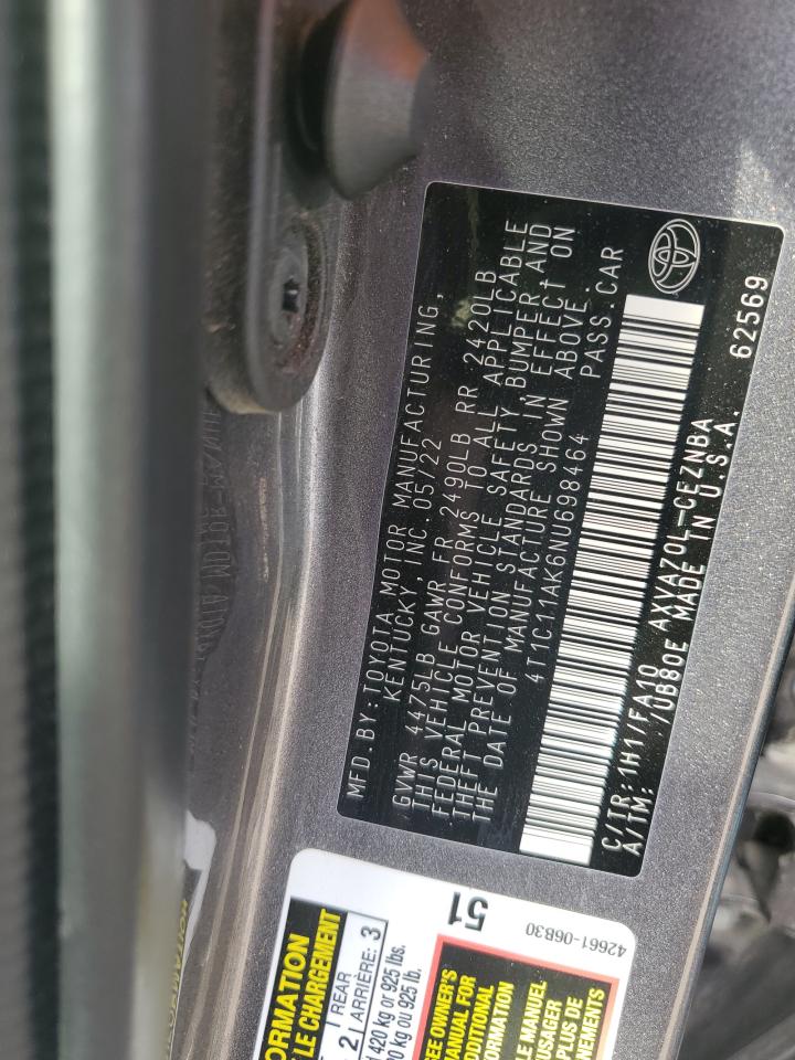 2022 Toyota Camry Le VIN: 4T1C11AK6NU698464 Lot: 81986615