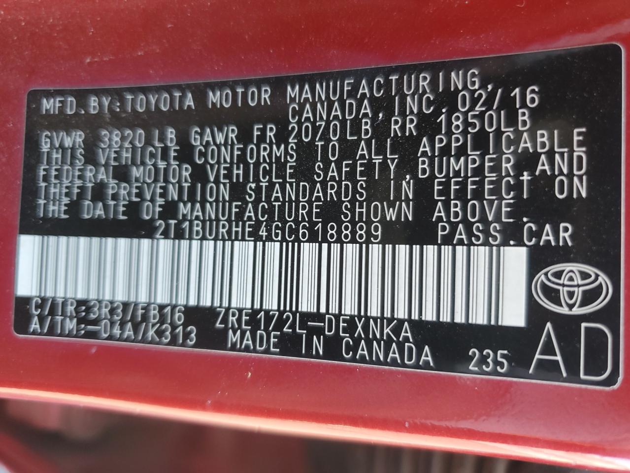 2016 Toyota Corolla L VIN: 2T1BURHE4GC618889 Lot: 91147665