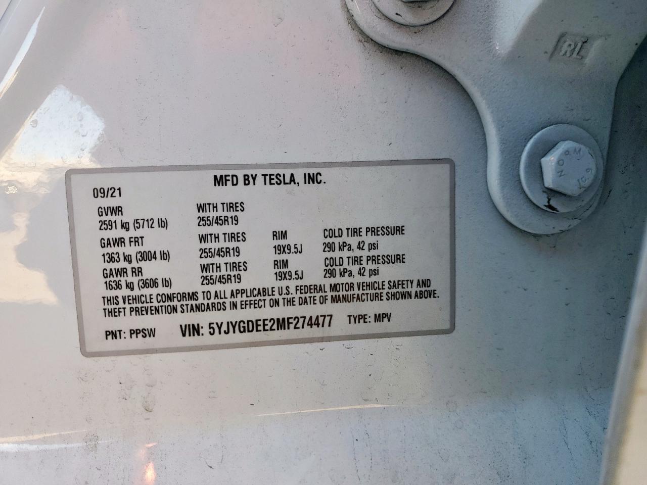 2021 Tesla Model Y VIN: 5YJYGDEE2MF274477 Lot: 90640995