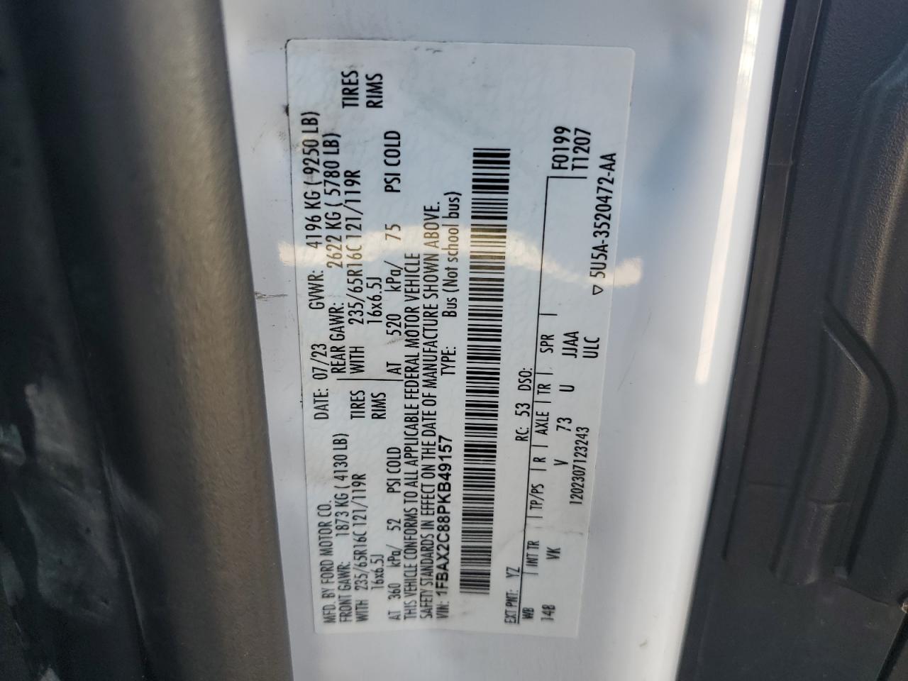 2023 Ford Transit T-350 VIN: 1FBAX2C88PKB49157 Lot: 86612985