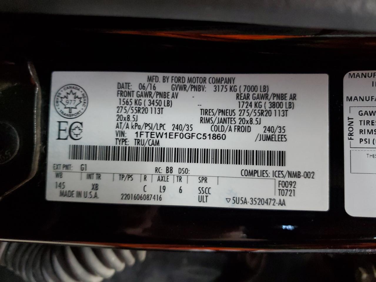 2016 Ford F150 Supercrew VIN: 1FTEW1EF0GFC51860 Lot: 85730715