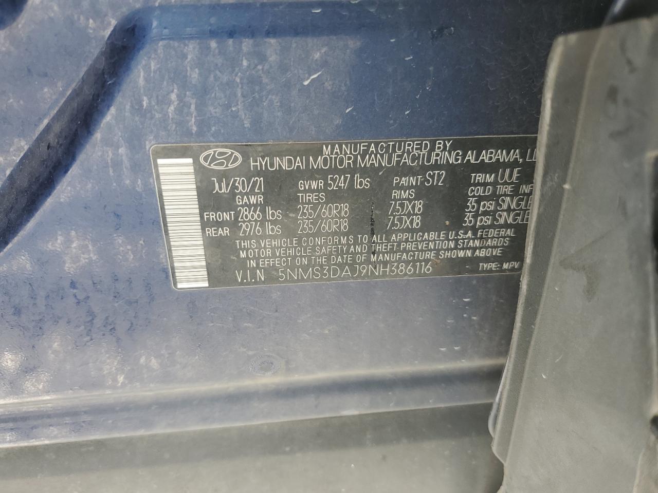 2022 Hyundai Santa Fe Sel VIN: 5NMS3DAJ9NH386116 Lot: 82331865