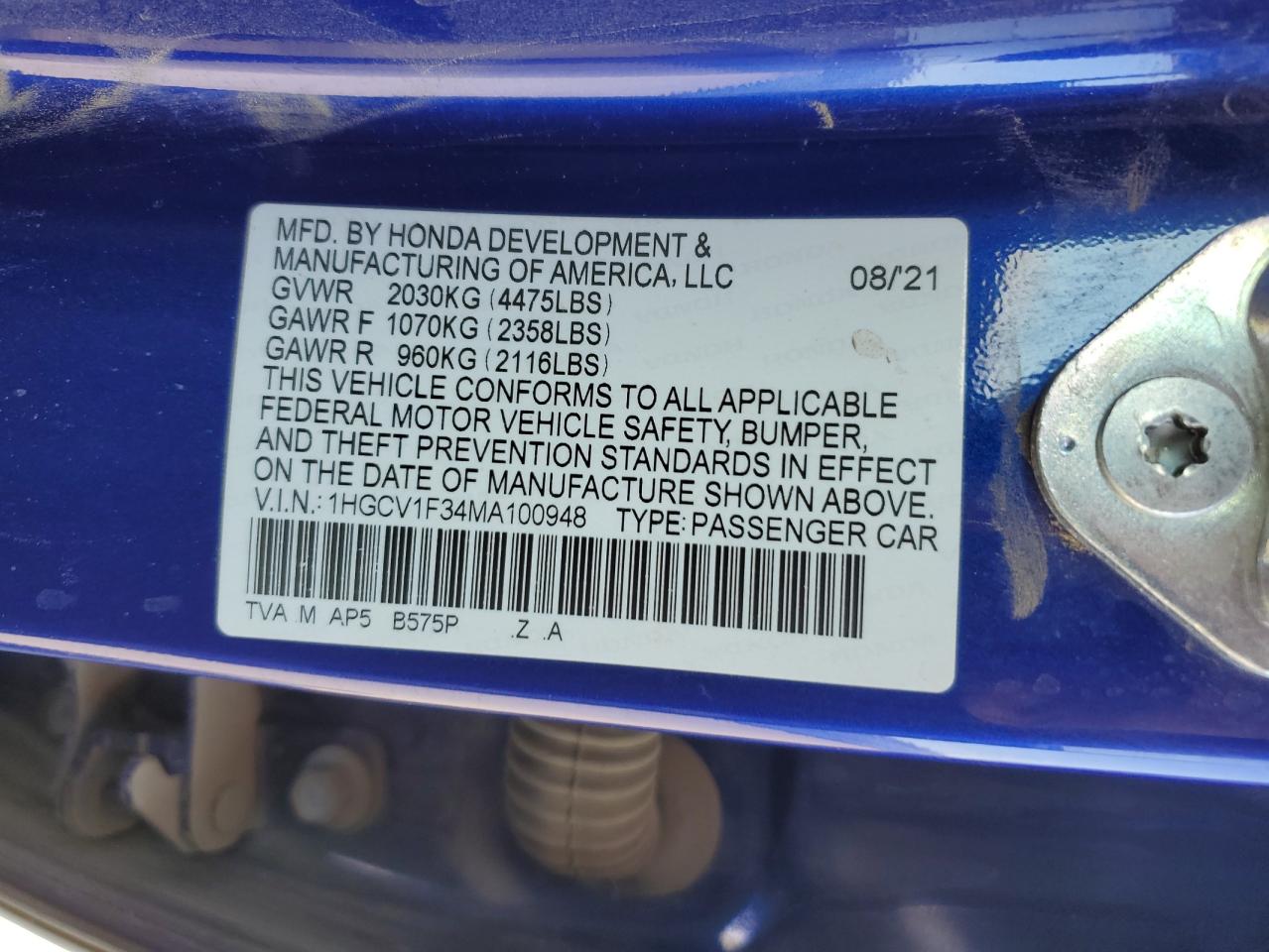 2021 Honda Accord Sport VIN: 1HGCV1F34MA100948 Lot: 82294795