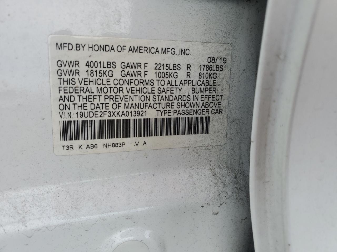 2019 Acura Ilx VIN: 19UDE2F3XKA013921 Lot: 86093075