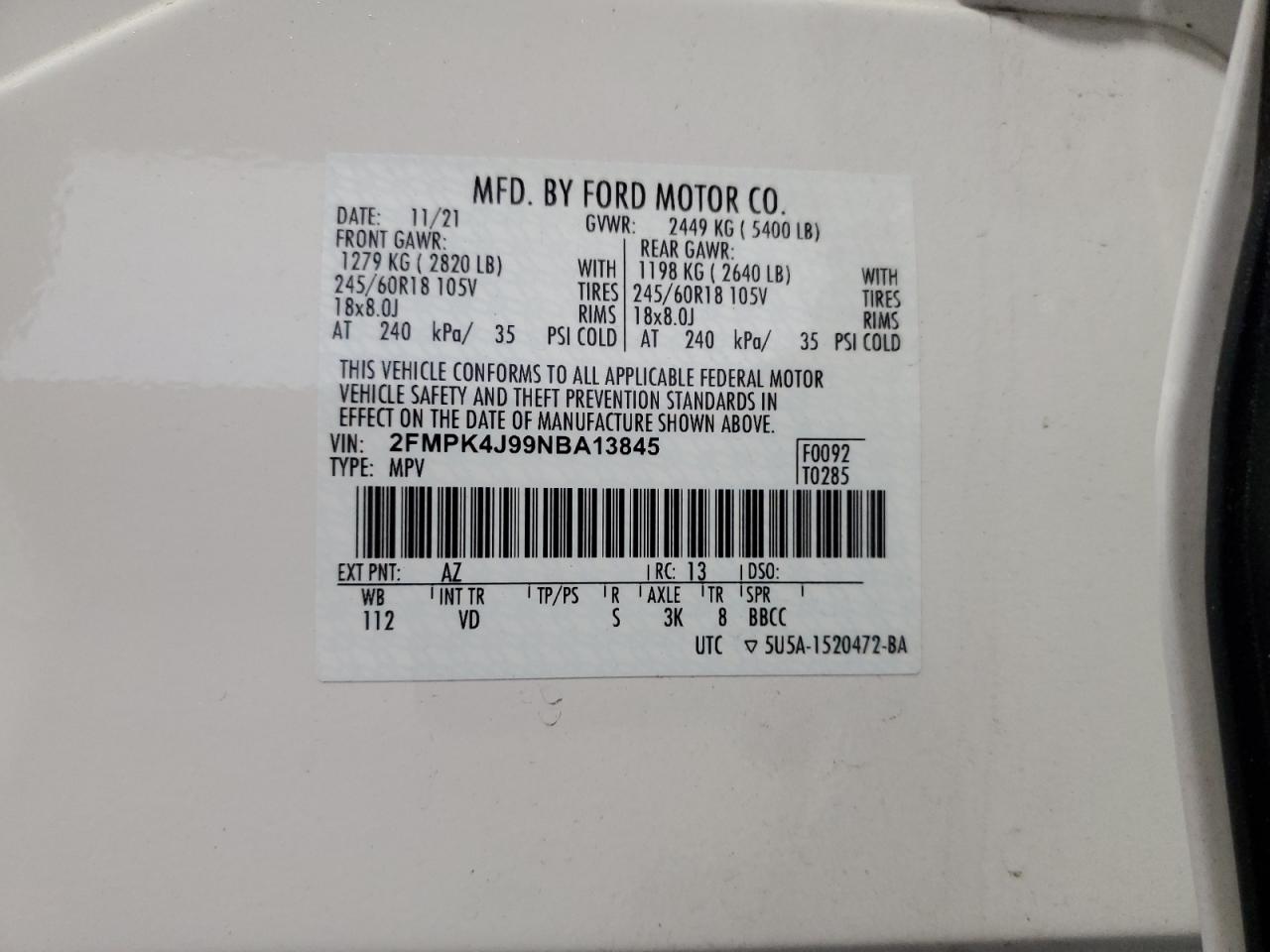 2022 Ford Edge Sel VIN: 2FMPK4J99NBA13845 Lot: 84951465