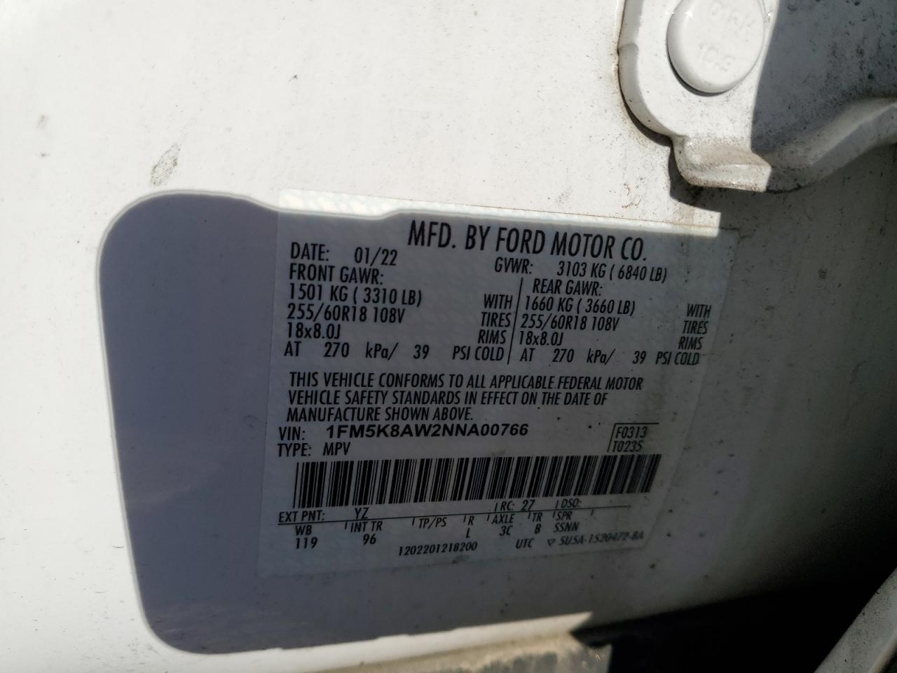 2022 Ford Explorer Police Interceptor VIN: 1FM5K8AW2NNA00766 Lot: 85072385