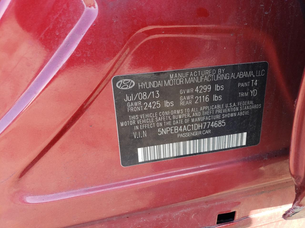 2013 Hyundai Sonata Gls VIN: 5NPEB4AC1DH774685 Lot: 84818585