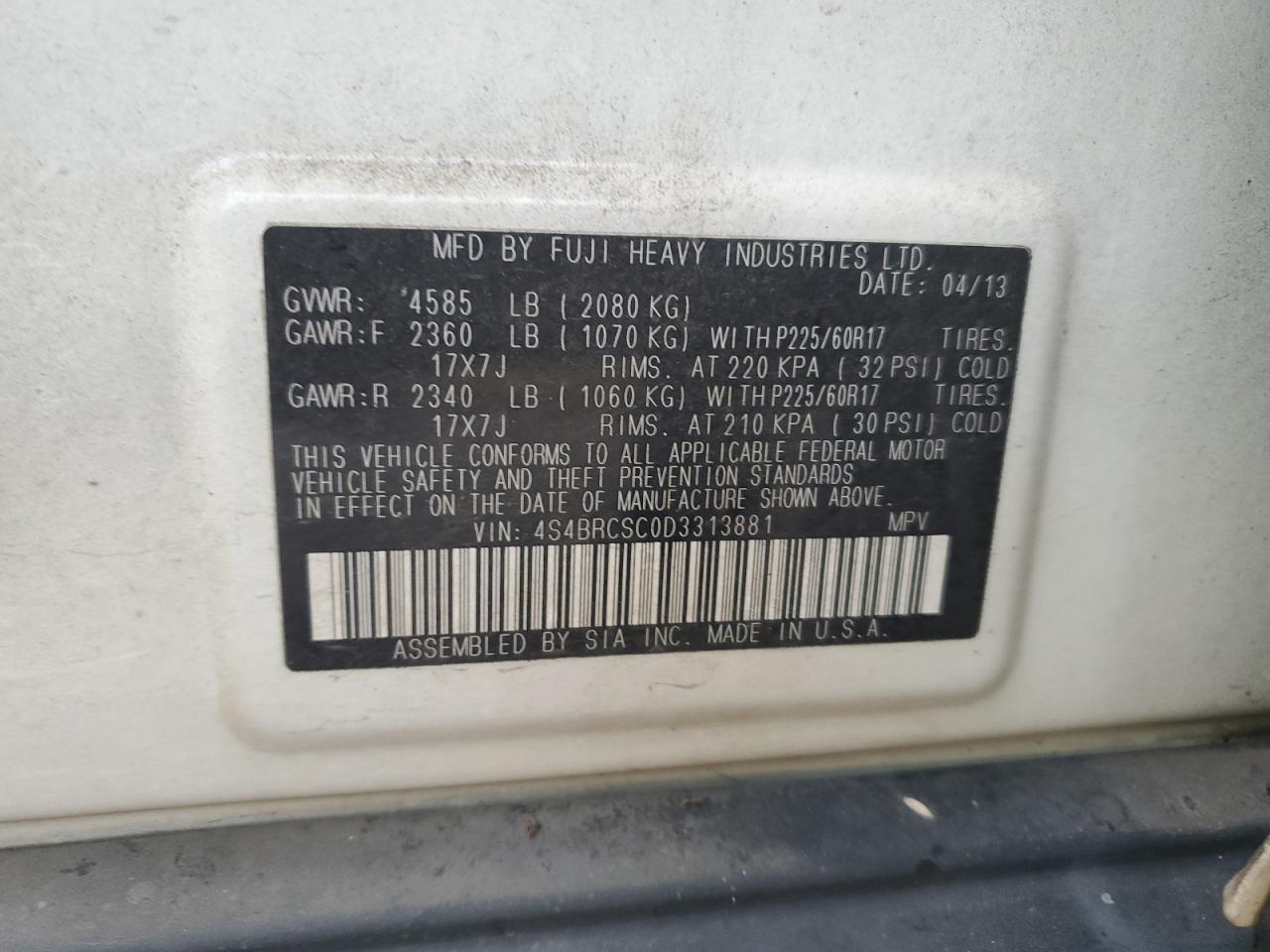 2013 Subaru Outback 2.5I Limited VIN: 4S4BRCSC0D3313881 Lot: 82237805