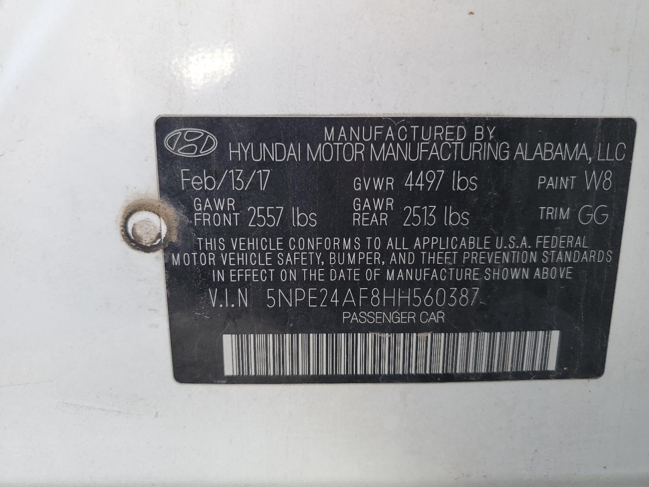 2017 Hyundai Sonata Se VIN: 5NPE24AF8HH560387 Lot: 85712635