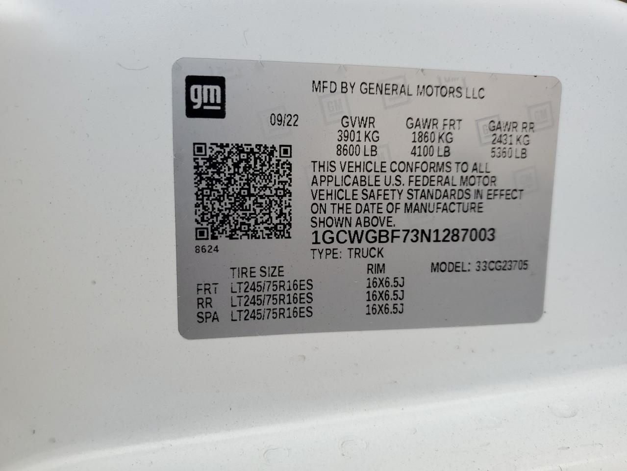 2022 Chevrolet Express G2500 VIN: 1GCWGBF73N1287003 Lot: 84285575