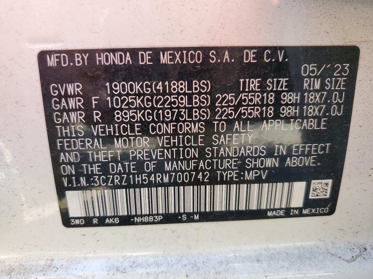2024 Honda Hr-V Sport VIN: 3CZRZ1H54RM700742 Lot: 85535345