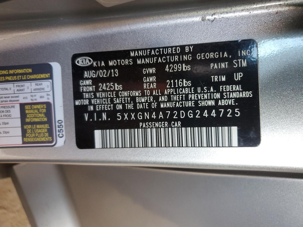 2013 Kia Optima Ex VIN: 5XXGN4A72DG244725 Lot: 89532915