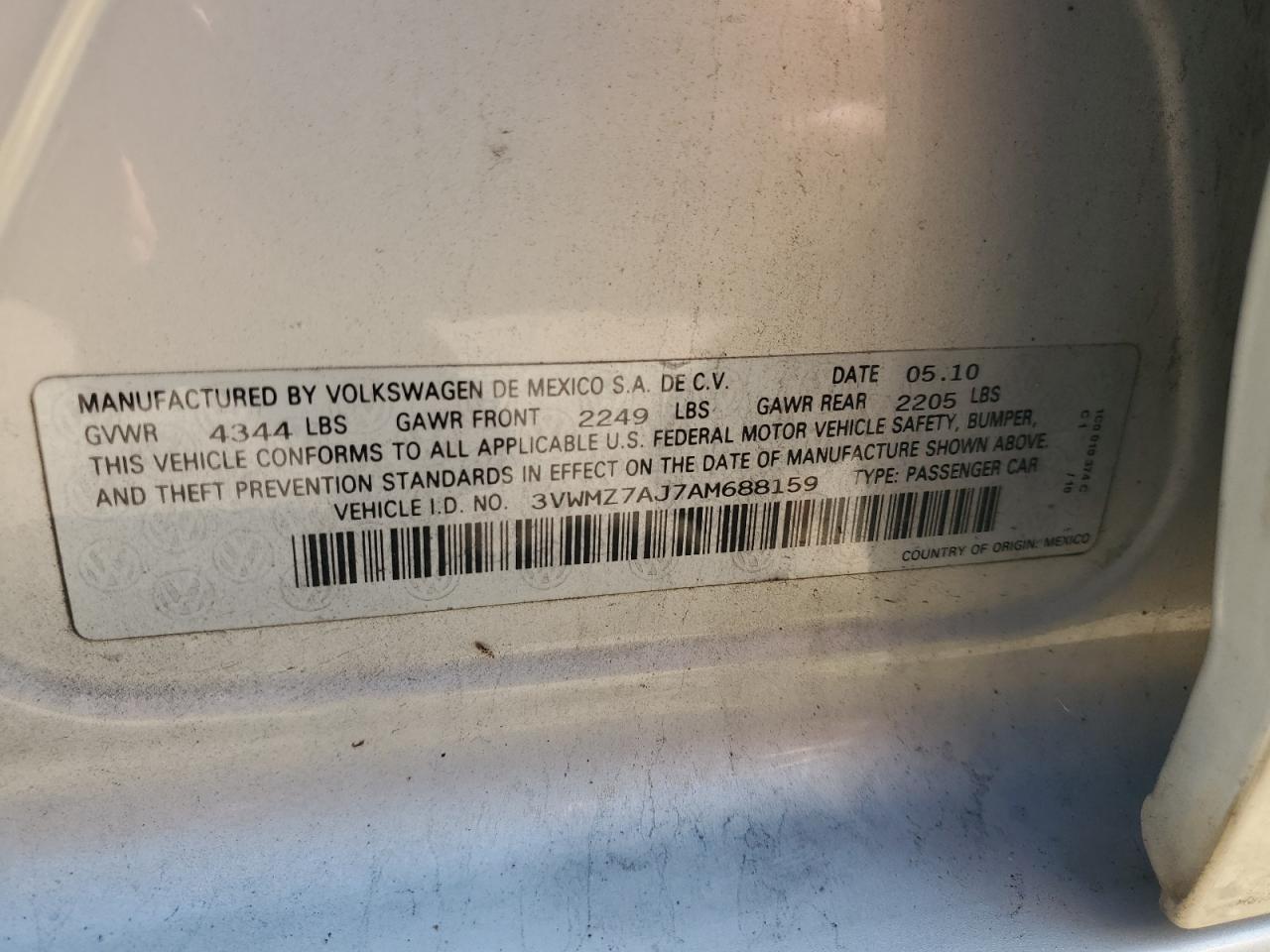 2010 Volkswagen Jetta S VIN: 3VWMZ7AJ7AM688159 Lot: 82255485