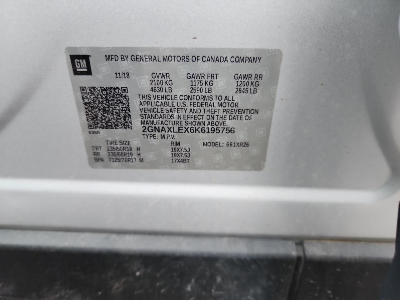 2019 Chevrolet Equinox Lt VIN: 2GNAXLEX6K6195756 Lot: 82273695