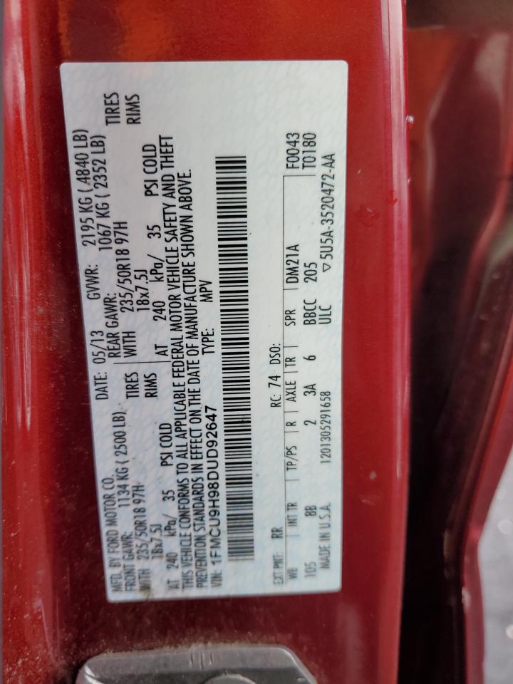 2013 Ford Escape Sel VIN: 1FMCU9H98DUD92647 Lot: 90076155