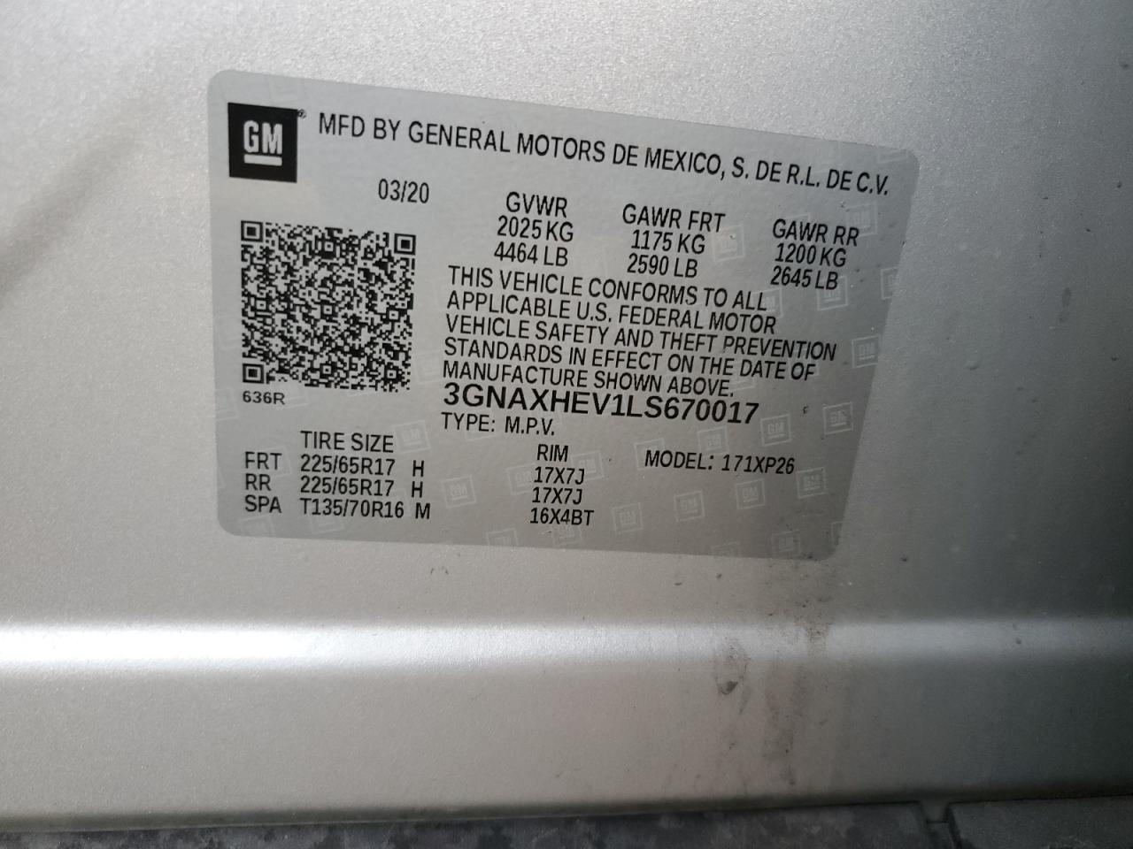 2020 Chevrolet Equinox Ls VIN: 3GNAXHEV1LS670017 Lot: 82208005