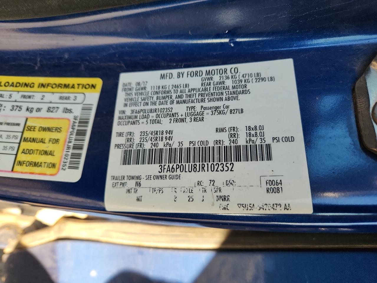 2018 Ford Fusion Se Hybrid VIN: 3FA6P0LU8JR102352 Lot: 90602255