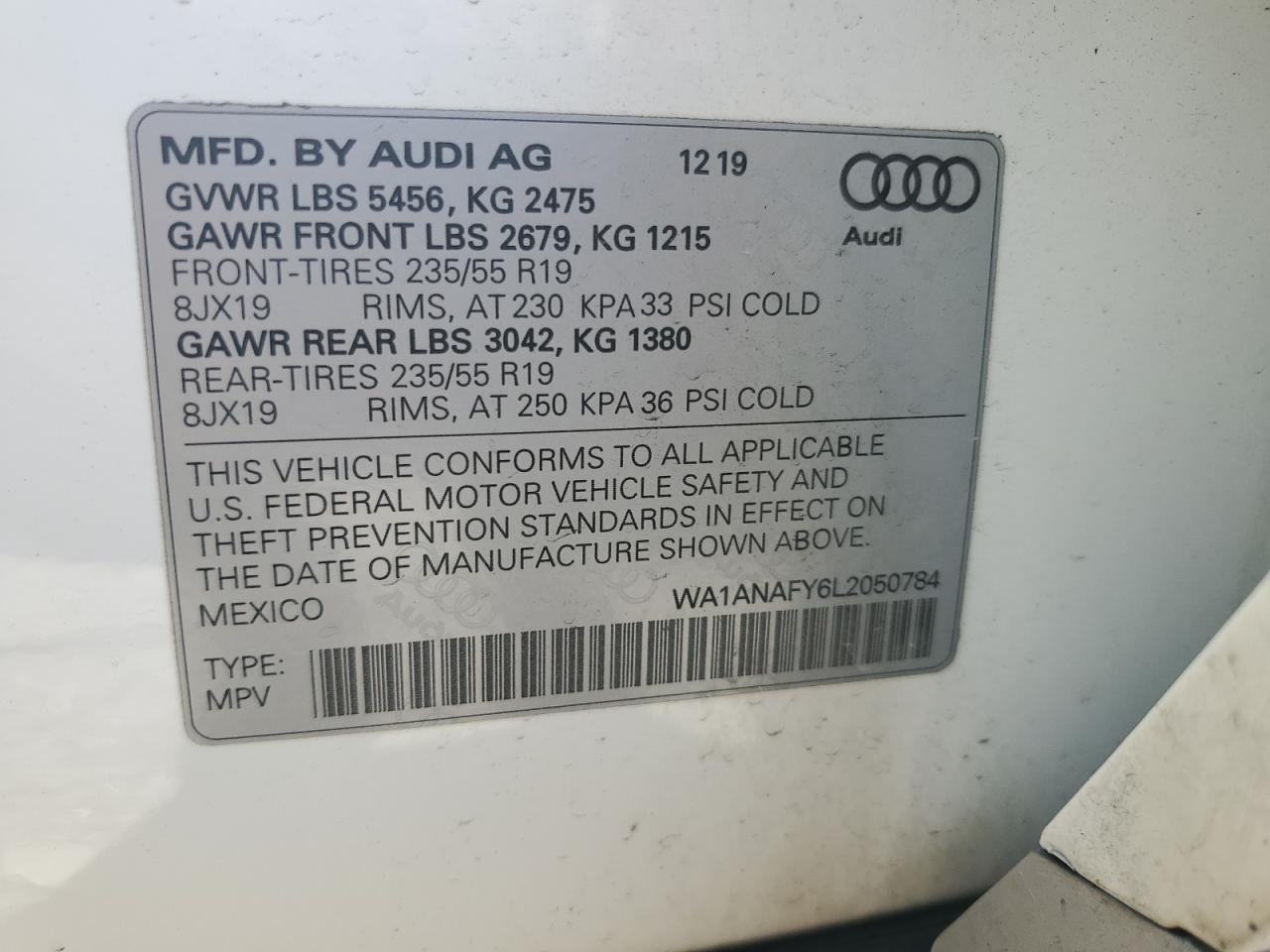 2020 Audi Q5 Premium VIN: WA1ANAFY6L2050784 Lot: 85879865