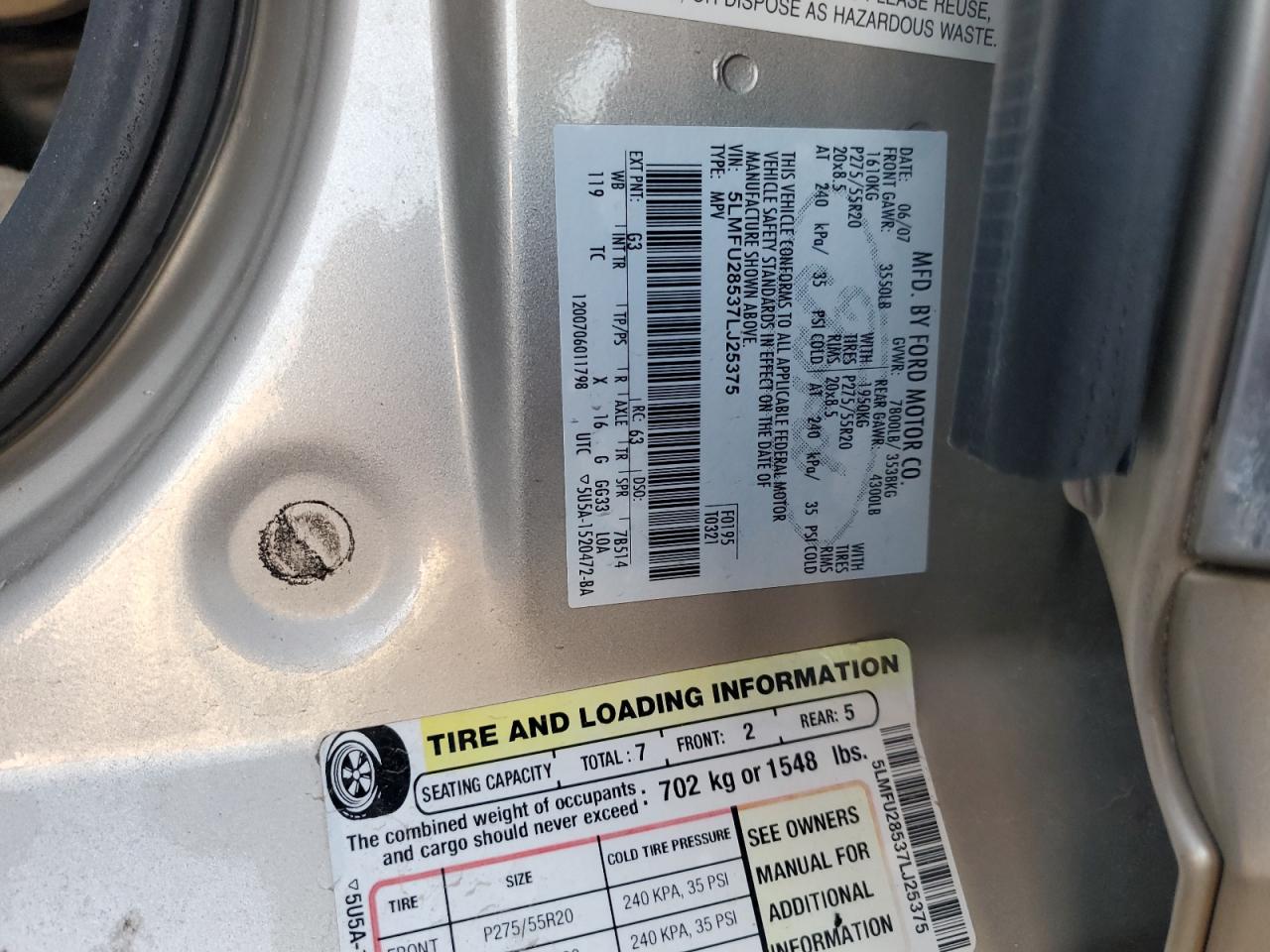 2007 Lincoln Navigator VIN: 5LMFU28537LJ25375 Lot: 85781325