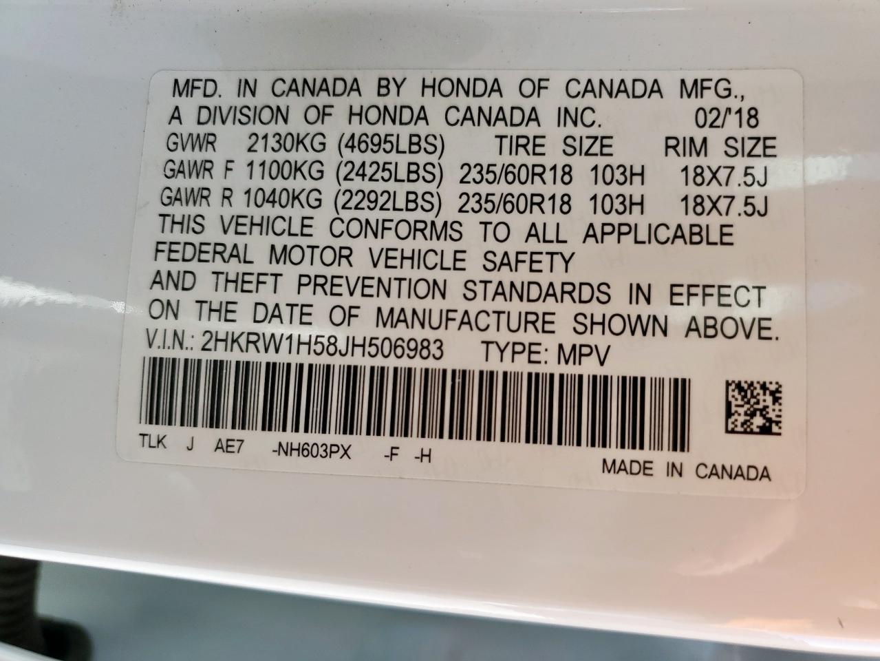 2018 Honda Cr-V Ex VIN: 2HKRW1H58JH506983 Lot: 86218455